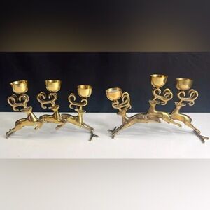 Vintage Brass 3 Reindeer Bucks Antler Candle Holder Christmas Decor Set of 2